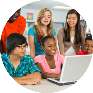 teens around a laptop